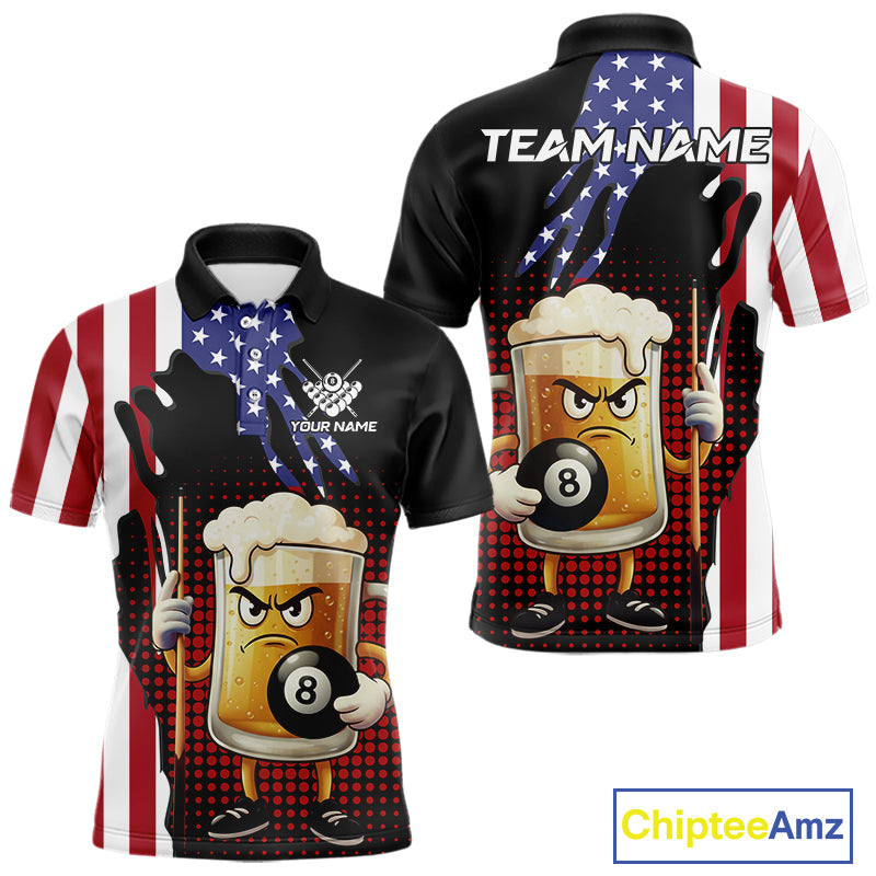 American Flag Funny Beer 8 Ball Billiard Shirt For Men Custom Patriotic Pool Team Jersey TDM5577