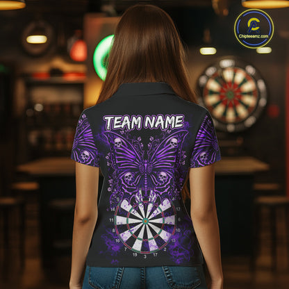 Purple Dartboard Butterfly Skull Darts Shirt For Women Custom Darts Team Jersey Polo & 1/4 Zip TDM5582