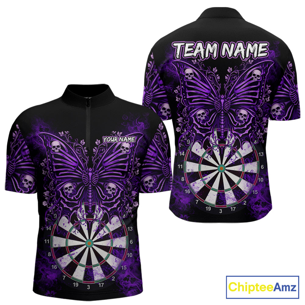 Purple Dartboard Butterfly Skull Darts Shirt For Men Custom Darts Team Jersey Polo & 1/4 Zip TDM5582