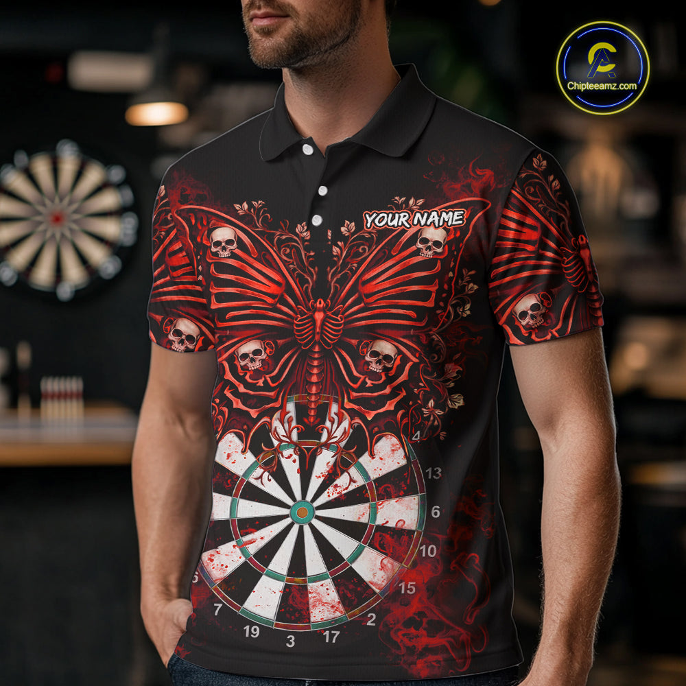 Red Dartboard Butterfly Skull Darts Shirt For Men Custom Darts League Team Jersey Polo & 1/4 Zip TDM5583