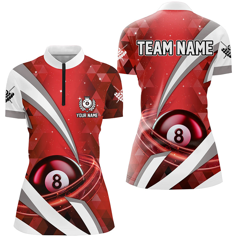 Customized Lightning Red 8 Ball Pool Women Quarter-Zip Shirts, Billiard Team Jerseys Attire TDM1331