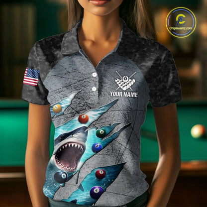 Personalized Funny Shark Billiard Shirt For Women, 8 Ball Pool Team Jersey Polo & 1/4 Zip Shirt TDM6202