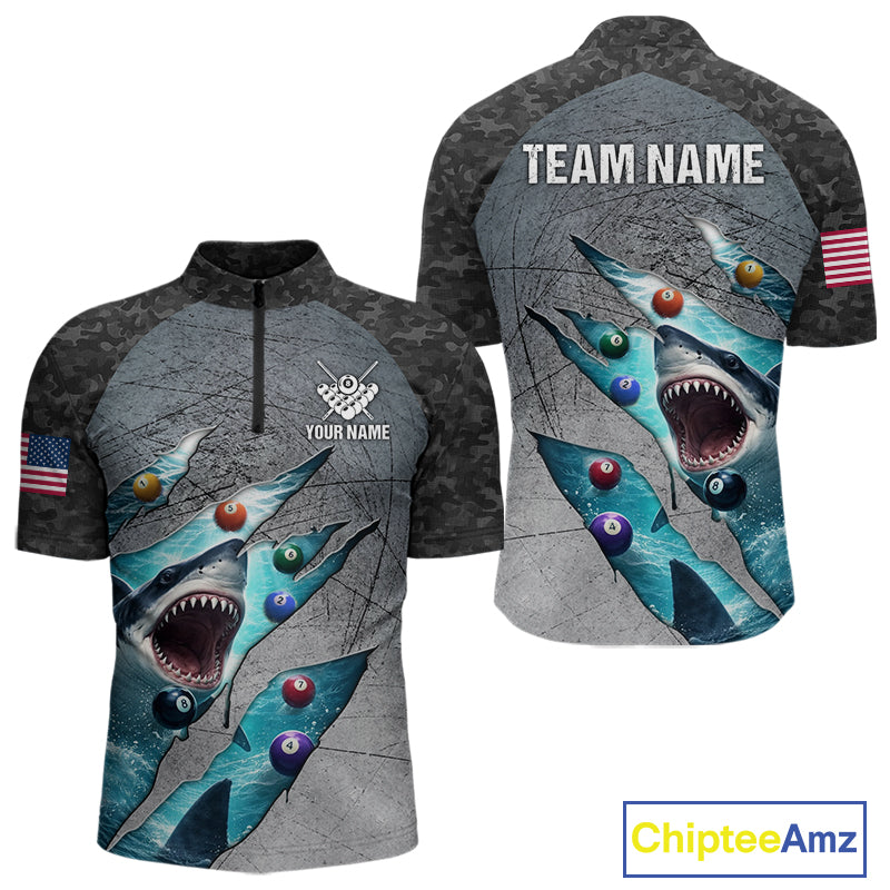 Personalized Funny Shark Billiard Shirt For Men, 8 Ball Pool Team Jersey Polo & 1/4 Zip Shirt TDM6202