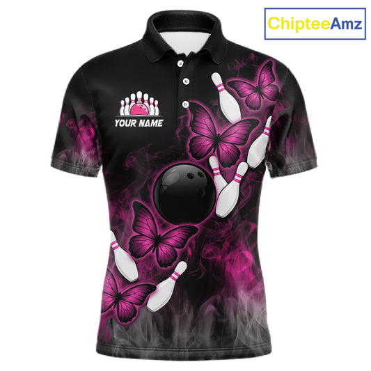 Pink Black Custom Butterfly Bowling Shirt For Men, Smoke Bowling Team Jersey Polo & 1/4 Zip Shirt TDM6423