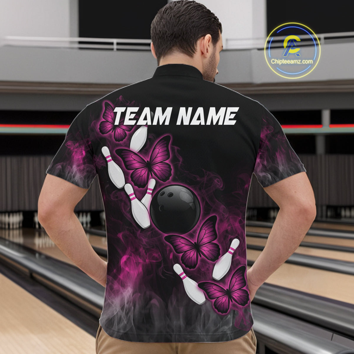 Pink Black Custom Butterfly Bowling Shirt For Men, Smoke Bowling Team Jersey Polo & 1/4 Zip Shirt TDM6423