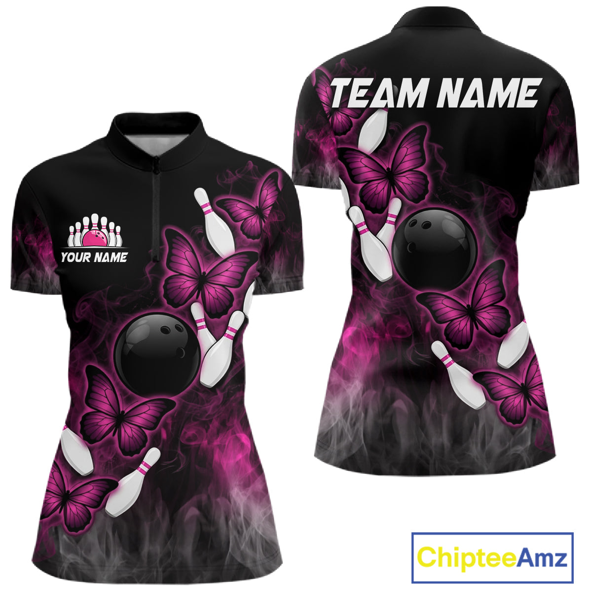 Pink Black Custom Butterfly Bowling Shirt For Women, Smoke Bowling Team Jersey Polo & 1/4 Zip Shirt TDM6423