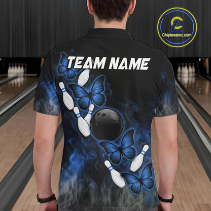 Black And Blue Custom Butterfly Bowling Shirt For Men, Smoke Bowling Team Jersey Polo & 1/4 Zip TDM6424