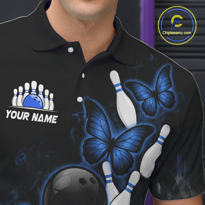 Black And Blue Custom Butterfly Bowling Shirt For Men, Smoke Bowling Team Jersey Polo & 1/4 Zip TDM6424