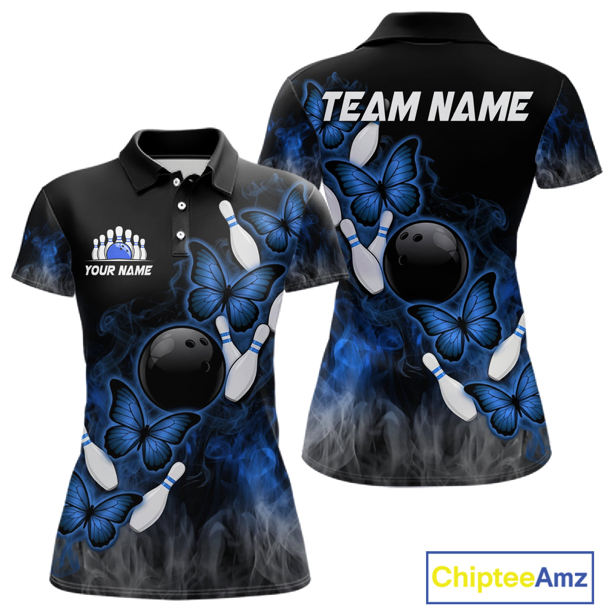 Black And Blue Custom Butterfly Bowling Shirt For Women, Smoke Bowling Team Jersey Polo & 1/4 Zip TDM6424