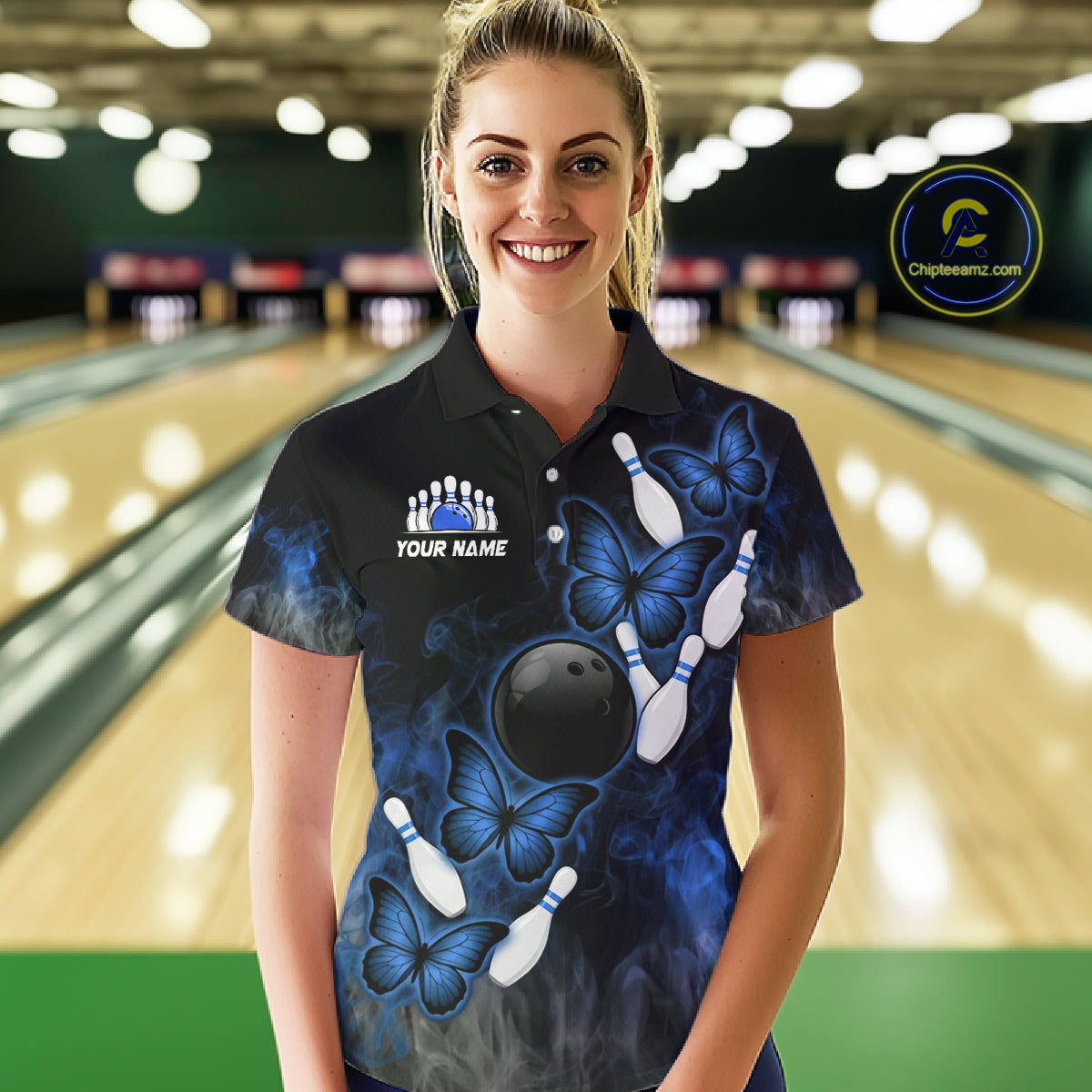 Black And Blue Custom Butterfly Bowling Shirt For Women, Smoke Bowling Team Jersey Polo & 1/4 Zip TDM6424