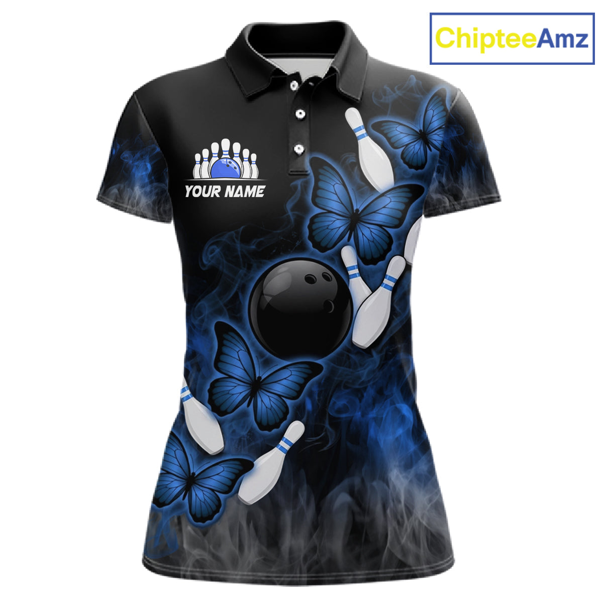 Black And Blue Custom Butterfly Bowling Shirt For Women, Smoke Bowling Team Jersey Polo & 1/4 Zip TDM6424