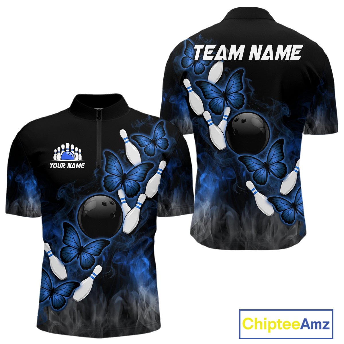 Black And Blue Custom Butterfly Bowling Shirt For Men, Smoke Bowling Team Jersey Polo & 1/4 Zip TDM6424