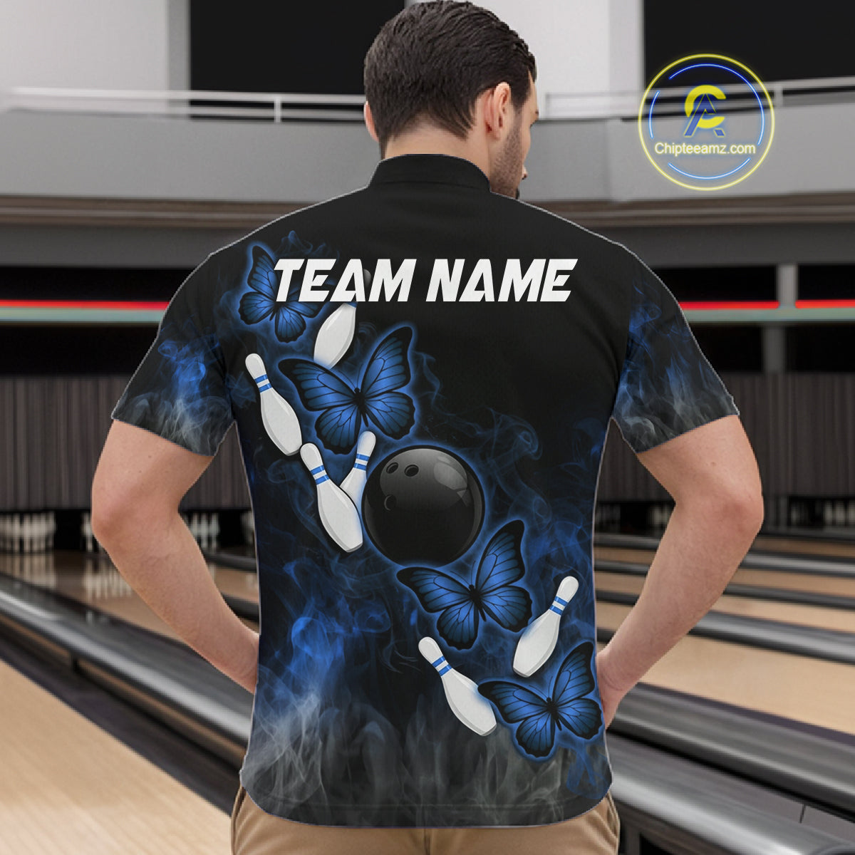 Black And Blue Custom Butterfly Bowling Shirt For Men, Smoke Bowling Team Jersey Polo & 1/4 Zip TDM6424