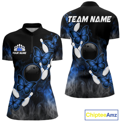Black And Blue Custom Butterfly Bowling Shirt For Women, Smoke Bowling Team Jersey Polo & 1/4 Zip TDM6424