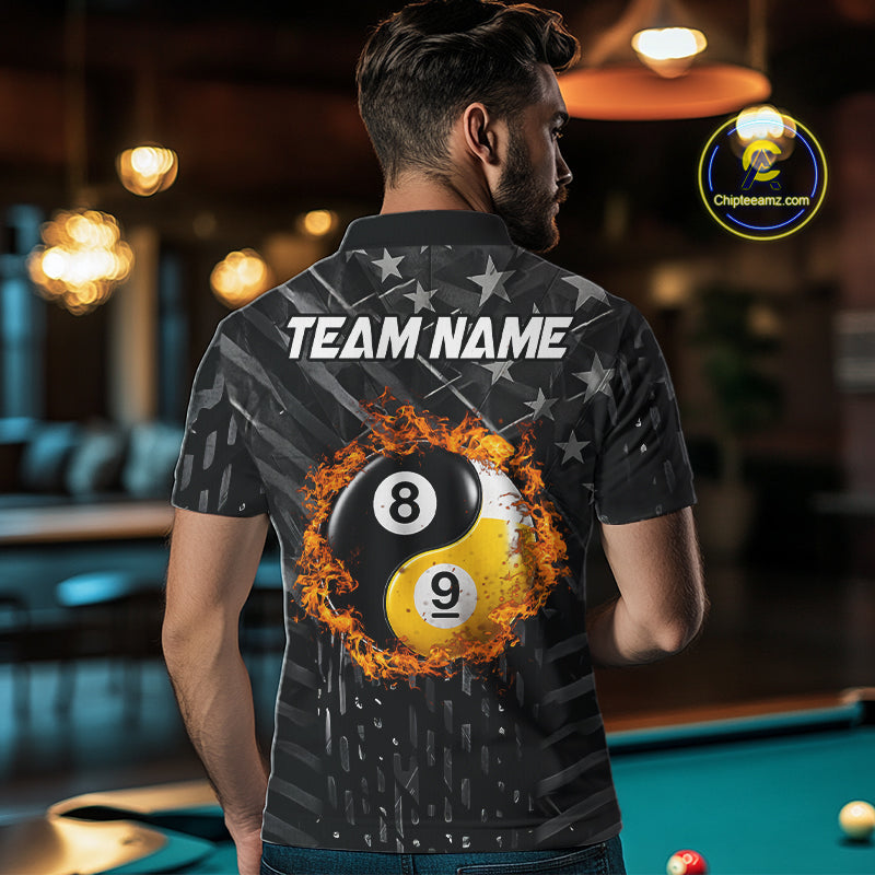 Man wearing a black billiard shirt with a 8 ball and 9 ball pool ball design and 'Team Name' text in a bar setting.