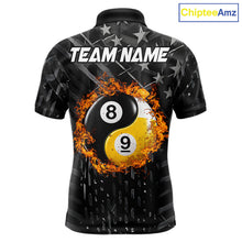Load image into Gallery viewer, Black billiard polo shirt for men with distressed silver star background, featuring a flaming yin-yang 8-ball and 9-ball graphic on the back, customizable "Team Name" text, and personalized "Your Name" detail on the front chest.
