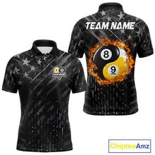 Load image into Gallery viewer, Black billiard polo shirt for men with distressed silver star background, featuring a flaming yin-yang 8-ball and 9-ball graphic on the back, customizable "Team Name" text, and personalized "Your Name" detail on the front chest.