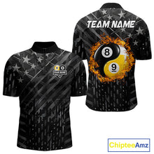 Load image into Gallery viewer, Black billiard quarter zip shirt for men with distressed silver star background, featuring a flaming yin-yang 8-ball and 9-ball graphic on the back, customizable "Team Name" text, and personalized "Your Name" detail on the front chest.