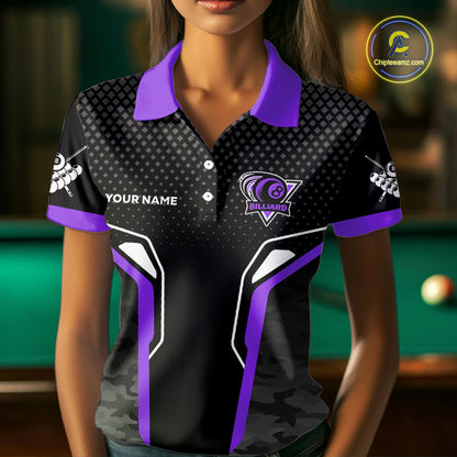 Black And Purple 8 Ball Pool Wings Custom Camo Billiard Shirt For Women, 8 Ball Billiard Team Jersey TDM4439