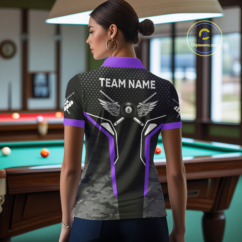 Black And Purple 8 Ball Pool Wings Custom Camo Billiard Shirt For Women, 8 Ball Billiard Team Jersey TDM4439