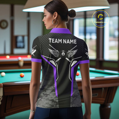 Black And Purple 8 Ball Pool Wings Custom Camo Billiard Shirt For Women, 8 Ball Billiard Team Jersey TDM4439