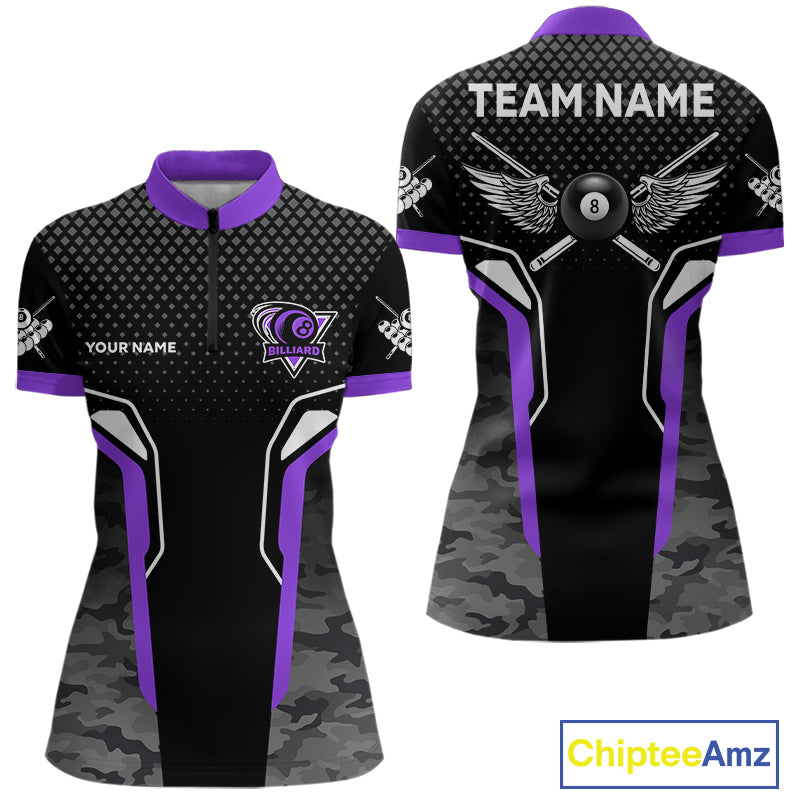 Black And Purple 8 Ball Pool Wings Custom Camo Billiard Shirt For Women, 8 Ball Billiard Team Jersey TDM4439