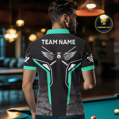 Black & Turquoise 8 Ball Pool Wings Custom Camo Billiard Shirt For Men, Billiard Team Jersey TDM4440