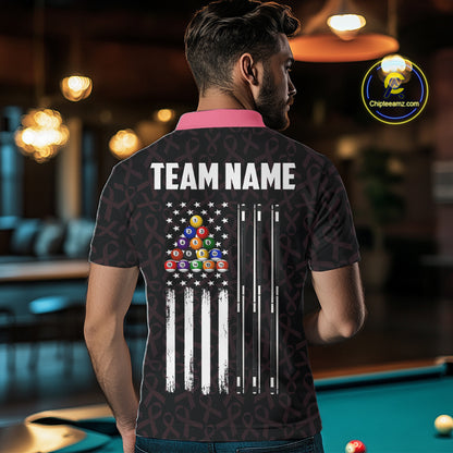 Man Wearing Pink Ribbons Breast Cancer Awareness Custom US Flag Pool Team Jersey Featuring the Complete Rear Graphic Design, Back View