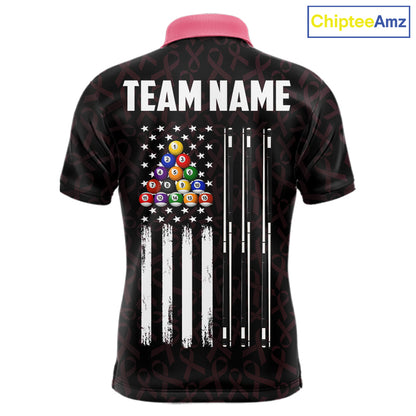 Custom Pink Ribbons Breast Cancer Awareness Pool Polo Shirt Designed for Personalized Billiard Team Jerseys with Patriotic Graphics and Premium Athletic Performance