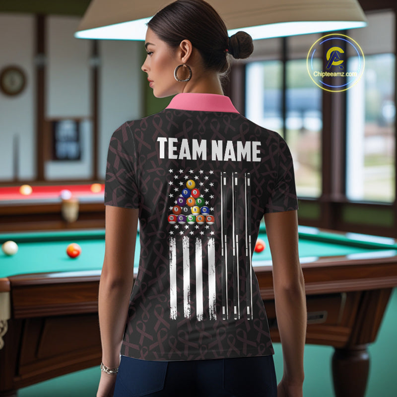 Woman Wearing Pink Ribbons Breast Cancer Awareness Custom US Flag Pool Team Jersey Featuring the Complete Rear Graphic Design, Back View