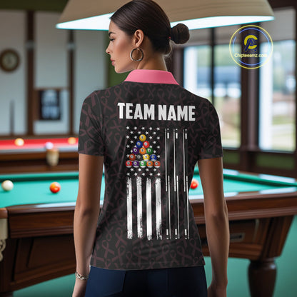 Woman Wearing Pink Ribbons Breast Cancer Awareness Custom US Flag Pool Team Jersey Featuring the Complete Rear Graphic Design, Back View