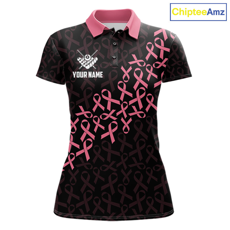 Pink Ribbons Breast Cancer Awareness Billiard Polo Shirt Featuring US Flag Inspired Artwork for Pool League Players, Team Competition, and Awareness Events