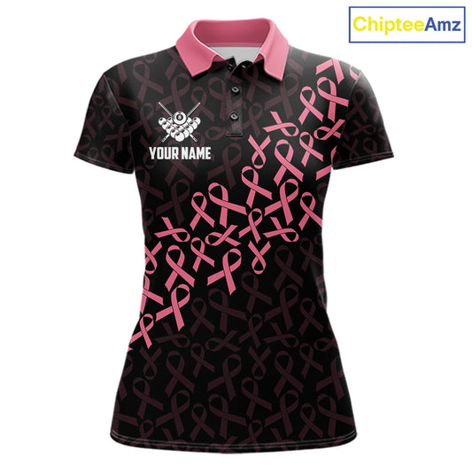 Pink Ribbons Breast Cancer Awareness Billiard Polo Shirt Featuring US Flag Inspired Artwork for Pool League Players, Team Competition, and Awareness Events