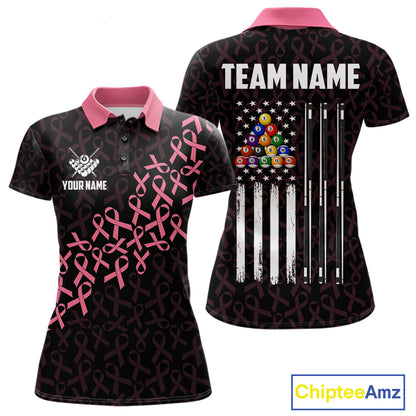Pink Ribbons Breast Cancer Awareness Billiard Polo Shirt Featuring US Flag Inspired Artwork for Pool League Players, Team Competition, and Awareness Events