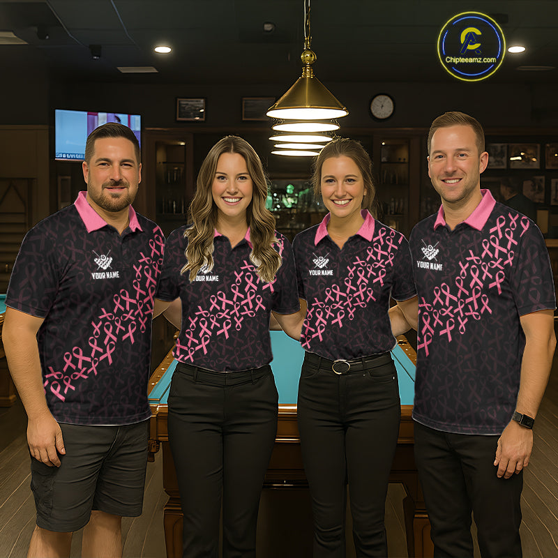 Pool Team Wearing Pink Ribbons Breast Cancer Awareness Billiard Jerseys During League Competition and Awareness Events, Front View