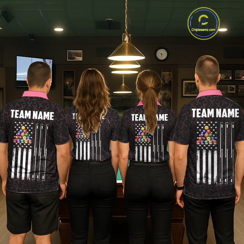 Pool Team Wearing Pink Ribbons Breast Cancer Awareness Custom Billiard Team Jerseys Featuring the Complete Back Artwork, Back View