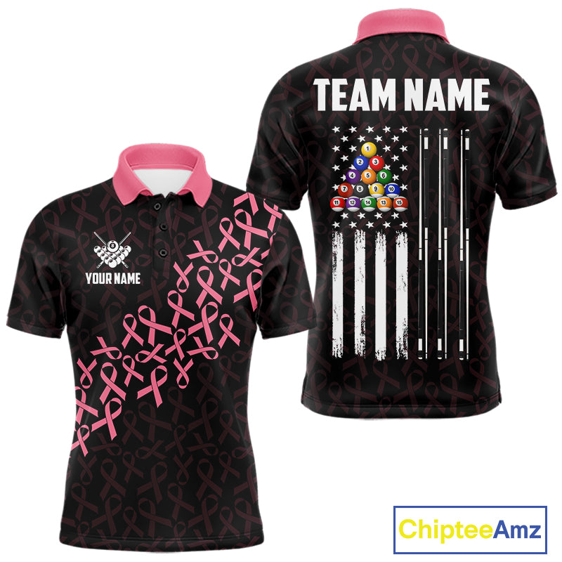 Pink Ribbons Breast Cancer Awareness Billiard Polo Shirt Featuring US Flag Inspired Artwork for Pool League Players, Team Competition, and Awareness Events