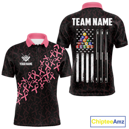 Pink Ribbons Breast Cancer Awareness Billiard Polo Shirt Featuring US Flag Inspired Artwork for Pool League Players, Team Competition, and Awareness Events