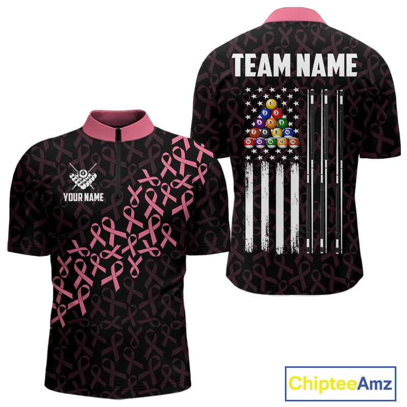 Pink Ribbons Breast Cancer Awareness Quarter Zip Billiard Shirt Created for Pool League Teams with Performance Fabric and Tournament Ready Team Design
