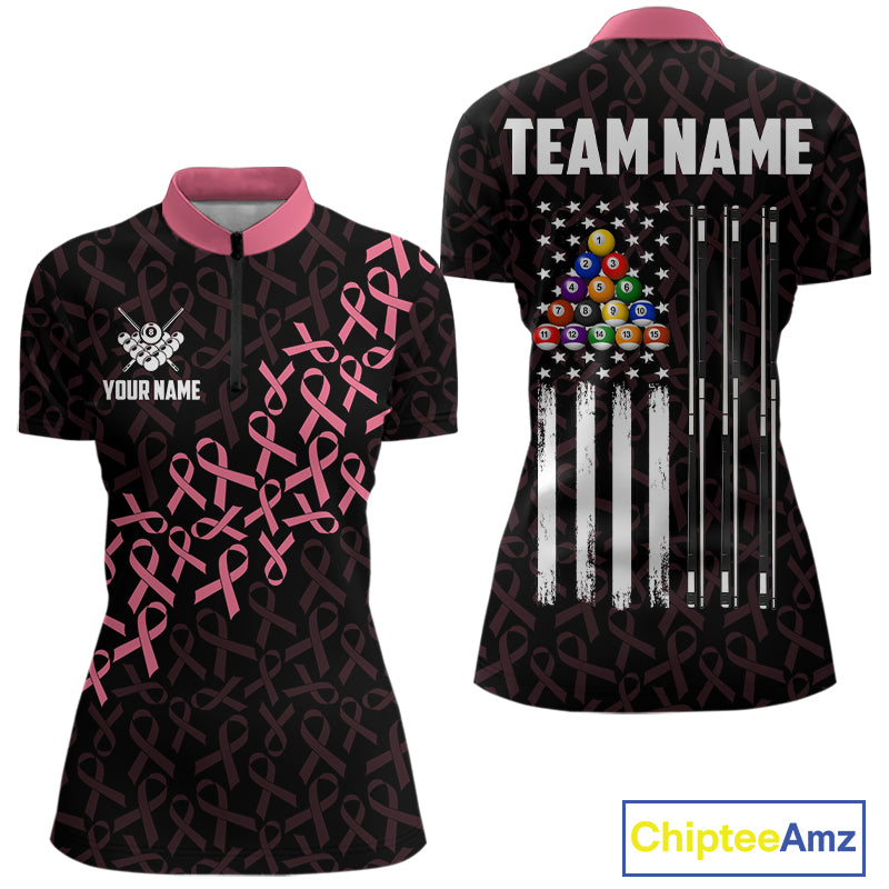 Pink Ribbons Breast Cancer Awareness Quarter Zip Billiard Shirt Created for Pool League Teams with Performance Fabric and Tournament Ready Team Design
