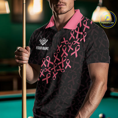 Man Wearing Pink Ribbons US Flag 8 Ball Breast Cancer Awareness Billiard Polo Shirt with Athletic Performance Fit, Front View