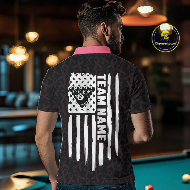 Man Wearing Pink Ribbons US Flag 8 Ball Custom Breast Cancer Awareness Pool Team Jersey Featuring the Complete Rear Graphic Design, Back View