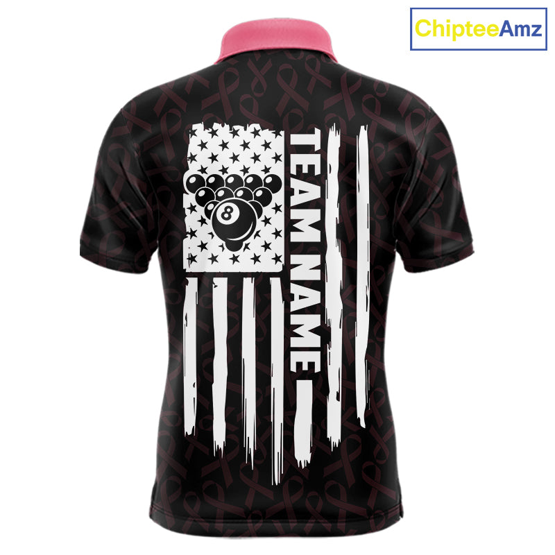 Custom Pink Ribbons US Flag 8 Ball Pool Polo Shirt Designed for Personalized Billiard Team Jerseys with Premium Athletic Performance and Breast Cancer Awareness Theme