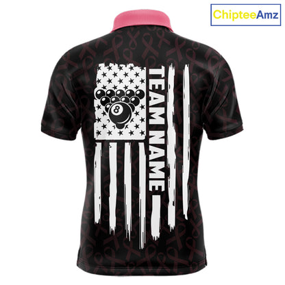 Custom Pink Ribbons US Flag 8 Ball Pool Polo Shirt Designed for Personalized Billiard Team Jerseys with Premium Athletic Performance and Breast Cancer Awareness Theme