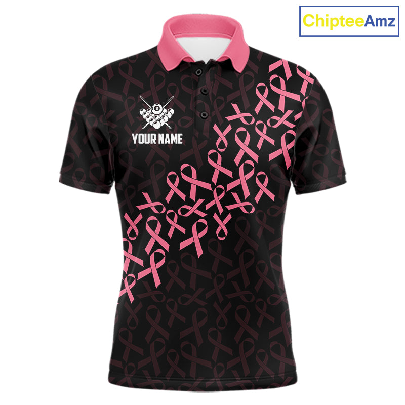 Pink Ribbons US Flag 8 Ball Breast Cancer Awareness Billiard Polo Shirt Featuring Patriotic American Flag Artwork for Pool League Players and Awareness Events