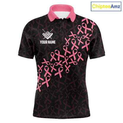 Pink Ribbons US Flag 8 Ball Breast Cancer Awareness Billiard Polo Shirt Featuring Patriotic American Flag Artwork for Pool League Players and Awareness Events