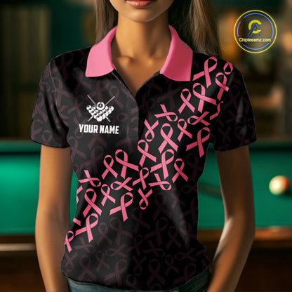 Woman Wearing Pink Ribbons US Flag 8 Ball Breast Cancer Awareness Billiard Polo Shirt with Athletic Performance Fit, Front View