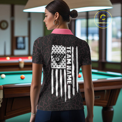 Woman Wearing Pink Ribbons US Flag 8 Ball Custom Breast Cancer Awareness Pool Team Jersey Featuring the Complete Rear Graphic Design, Back View