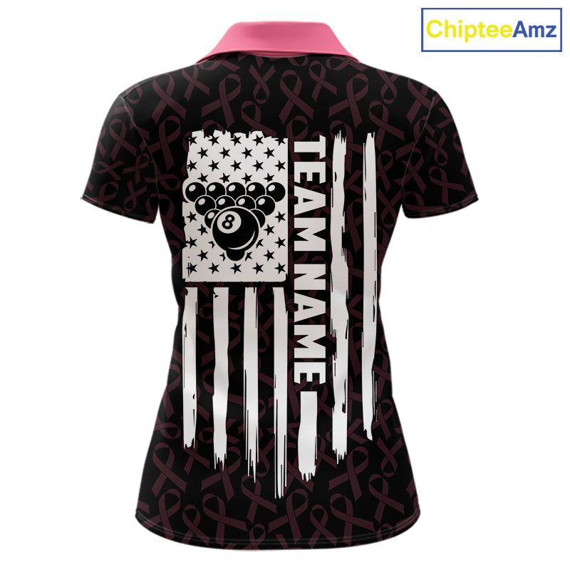 Custom Pink Ribbons US Flag 8 Ball Pool Polo Shirt Designed for Personalized Billiard Team Jerseys with Premium Athletic Performance and Breast Cancer Awareness Theme