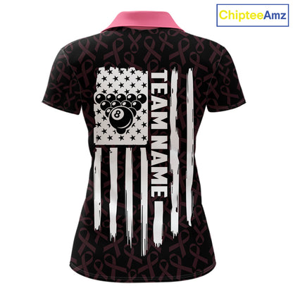 Custom Pink Ribbons US Flag 8 Ball Pool Polo Shirt Designed for Personalized Billiard Team Jerseys with Premium Athletic Performance and Breast Cancer Awareness Theme